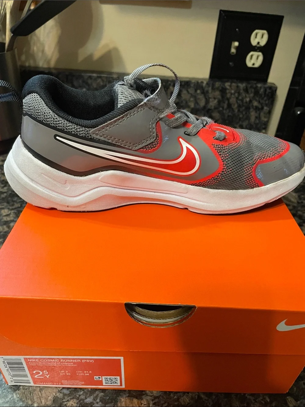 Nike Kids Gray and Red Active Sneakers with Hook-and-Loop Strap